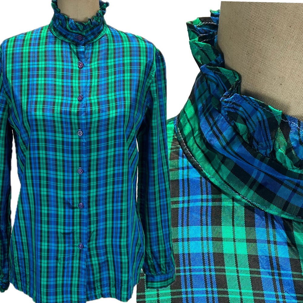 VINTAGE 80s tartan blackwatch plaid button down shirt blouse high ruffle neck